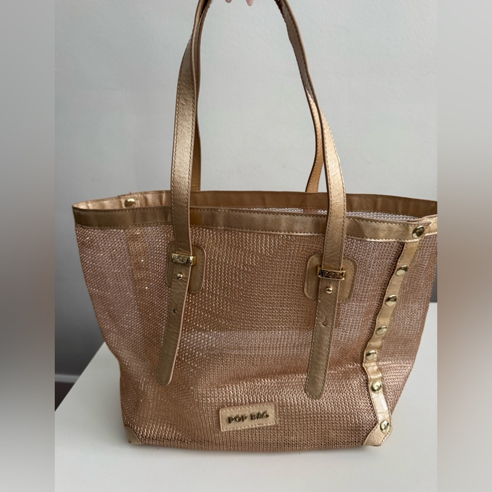 POP BAG Italy Shimmering Gold Tote Like New Mesh Bag Retail $200